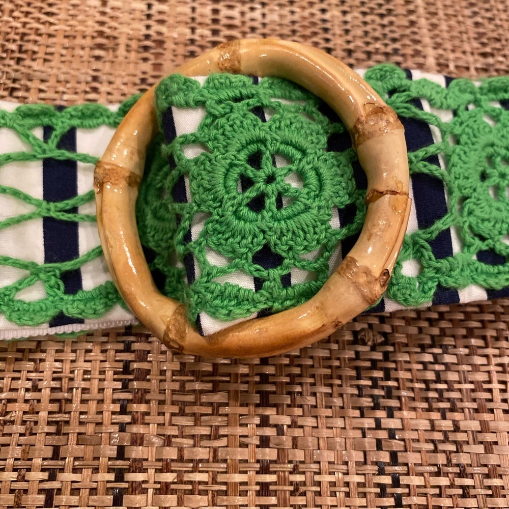 Preppy Belt, Green Crochet Overlay,Bamboo Buckle